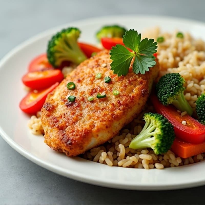 Crispy Ginger-Garlic Chicken with Stir-Fried Veggies and Brown Rice
