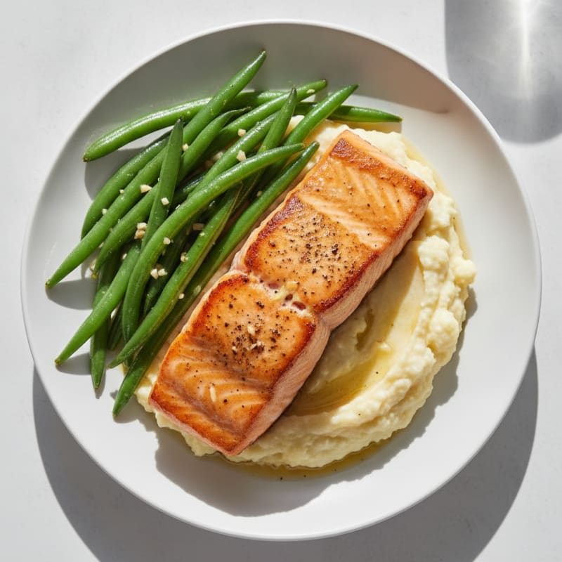 Seared Salmon with Garlic Green Beans and Cauliflower Mash