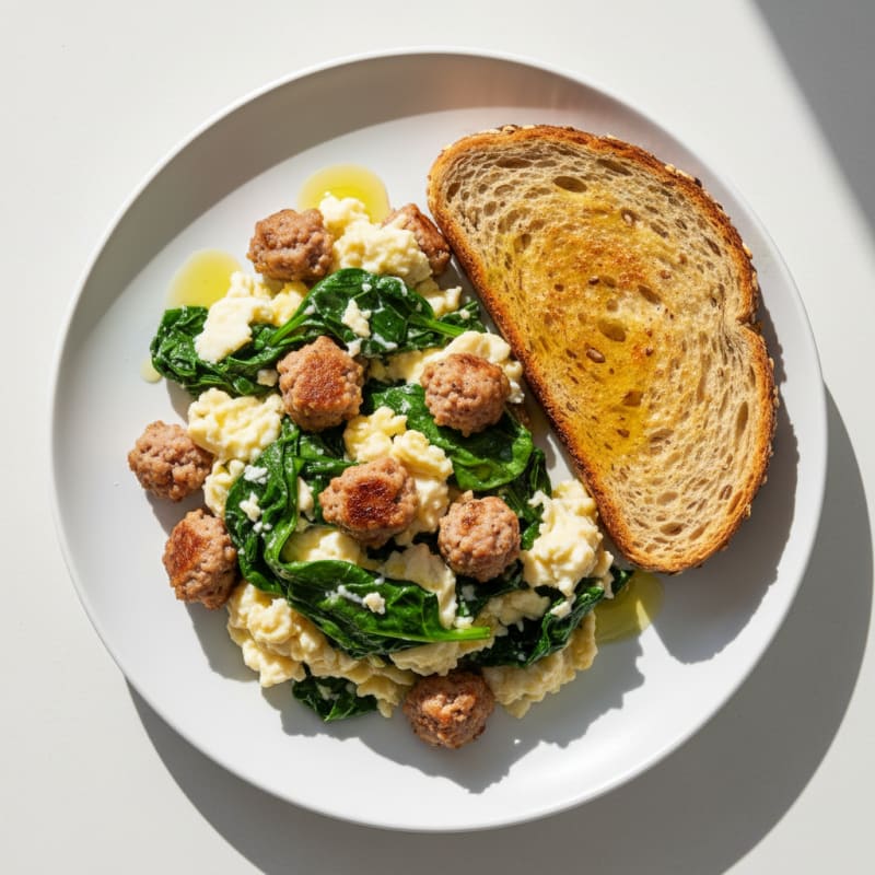 Egg White Spinach Scramble with Turkey Sausage
