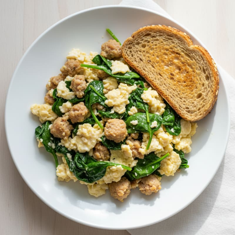 Egg White and Turkey Sausage Scramble with Sautéed Spinach