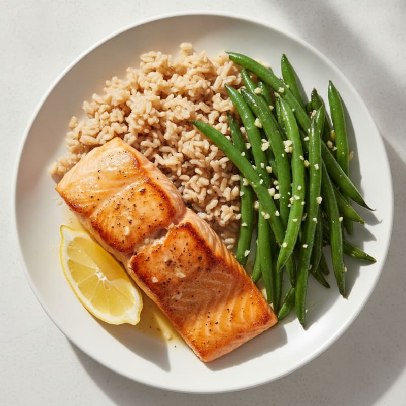 Seared Salmon with Garlic Green Beans and Brown Rice