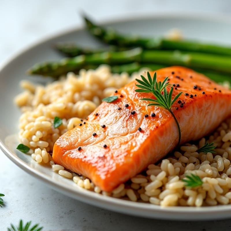 Seared Salmon with Steamed Asparagus and Brown Rice