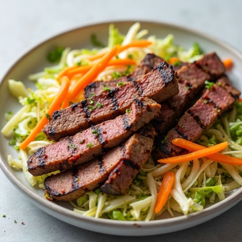 Grilled Lean Beef Strips with Crunchy Veggie Slaw