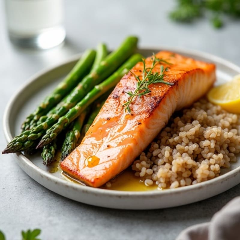 Seared Salmon Fillet with Steamed Asparagus and Brown Rice