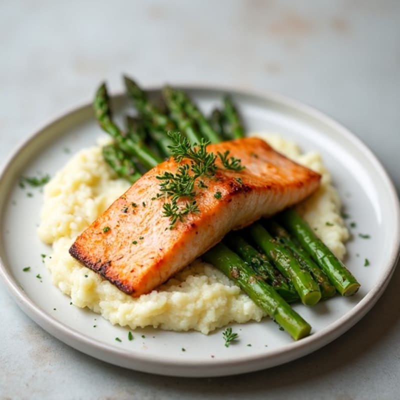Seared Salmon Fillet with Steamed Asparagus and Cauliflower Mash
