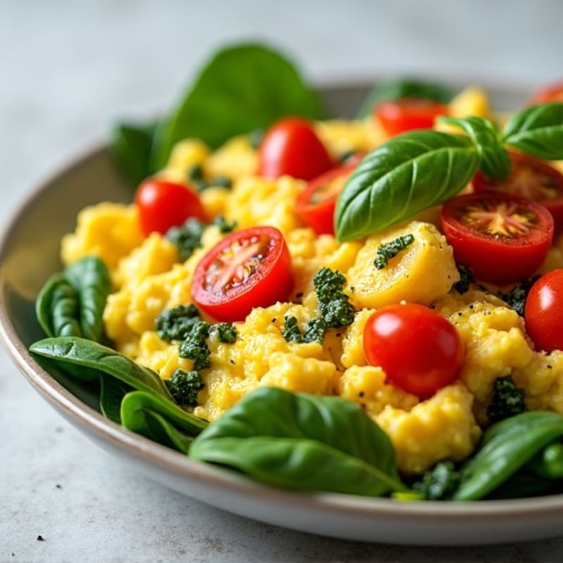 Fluffy Egg Scramble with Fresh Spinach and Cherry Tomatoes
