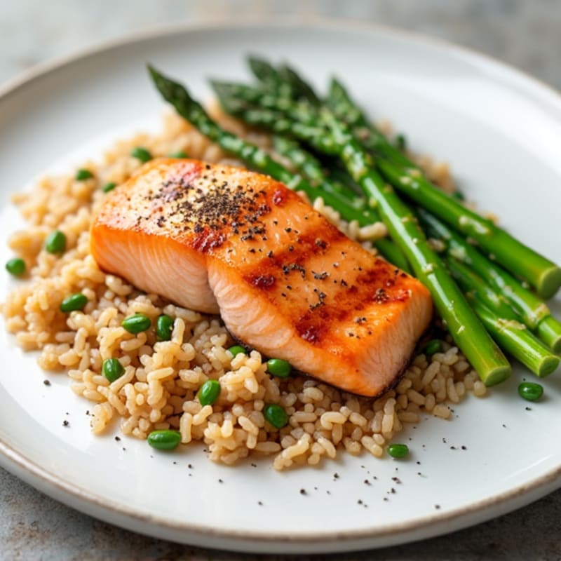 Seared Salmon with Steamed Asparagus and Brown Rice