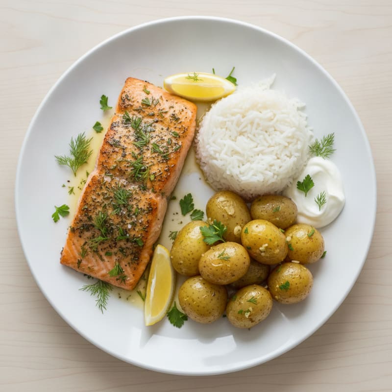 Herb-Roasted Salmon with Lemon Potatoes and Jasmine Rice