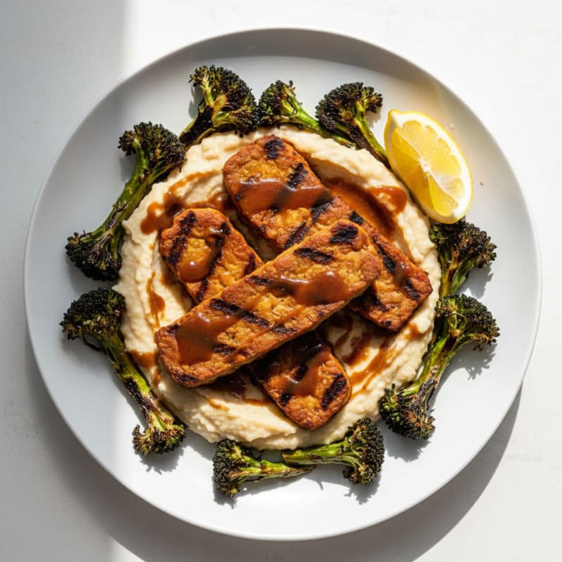 Grilled Tempeh with Creamy White Bean Mash and Roasted Broccoli