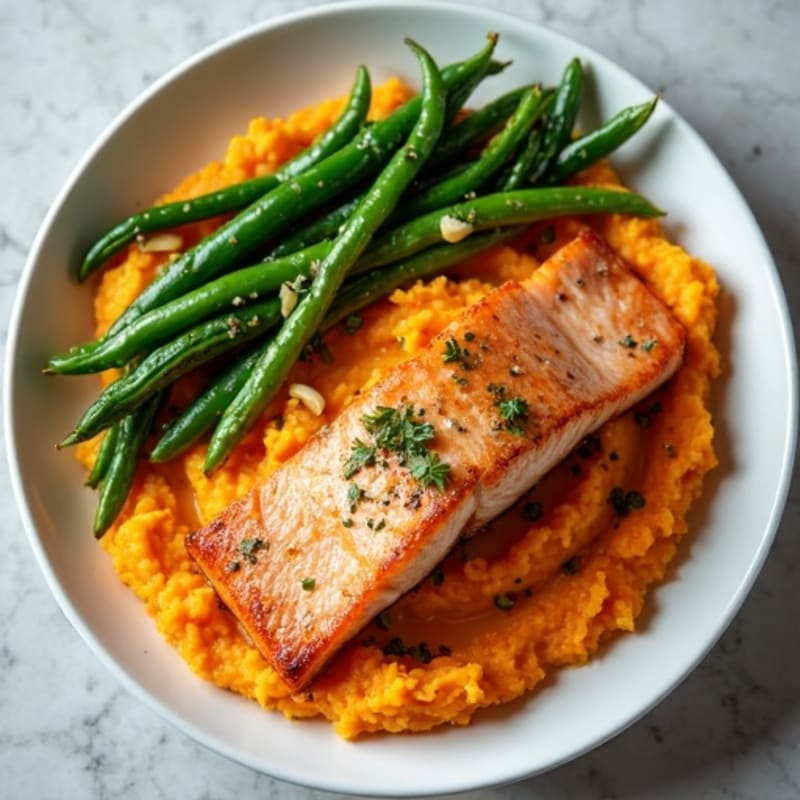 Seared Salmon with Garlic Green Beans and Sweet Potato Mash