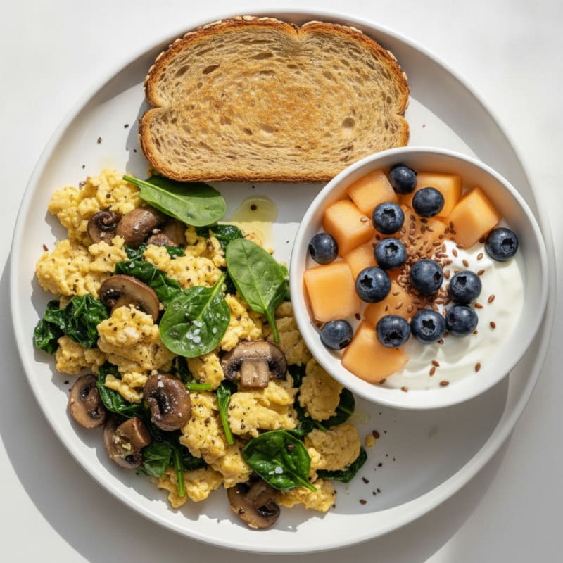 Garlic Mushroom Spinach Scramble with Berries