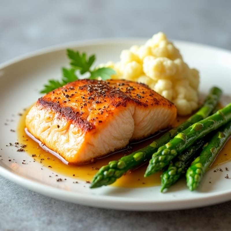 Seared Salmon with Steamed Asparagus and Cauliflower Mash