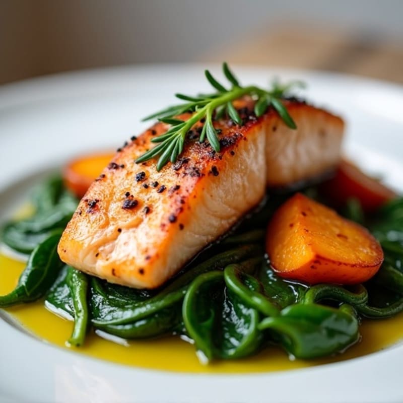 Seared Salmon with Roasted Sweet Potatoes and Sauteed Spinach
