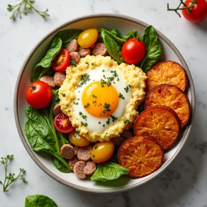 Hearty Egg and Veggie Scramble with Crispy Sweet Potatoes