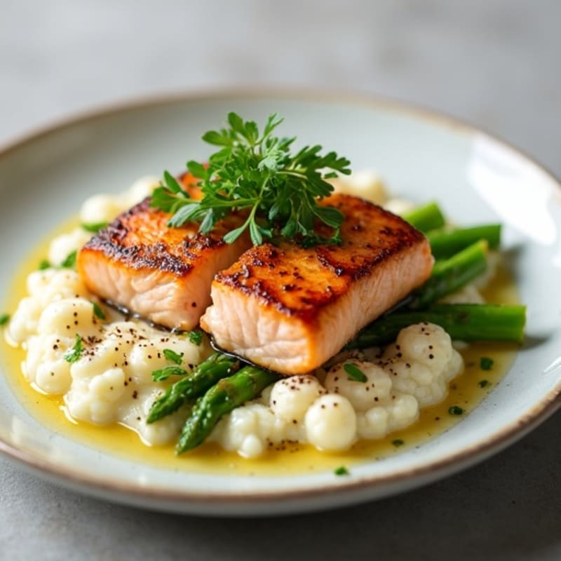 Seared Salmon with Steamed Asparagus and Cauliflower Mash