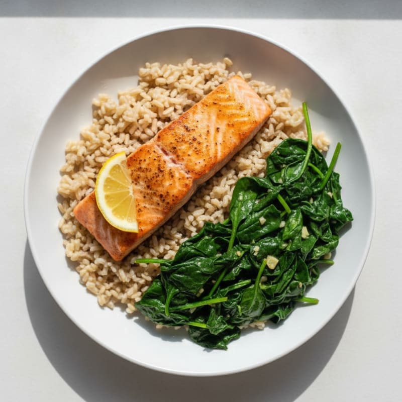 Seared Salmon with Garlic Spinach and Brown Rice
