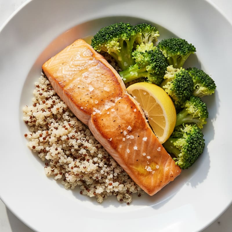 Seared Salmon with Steamed Broccoli and Quinoa