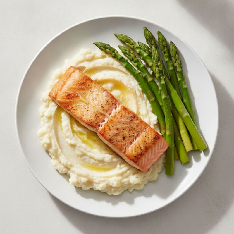 Seared Salmon with Steamed Asparagus and Cauliflower Mash