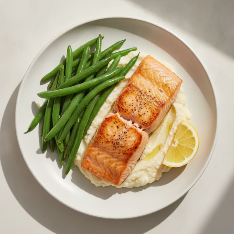Seared Salmon Fillet with Steamed Green Beans and Cauliflower Mash