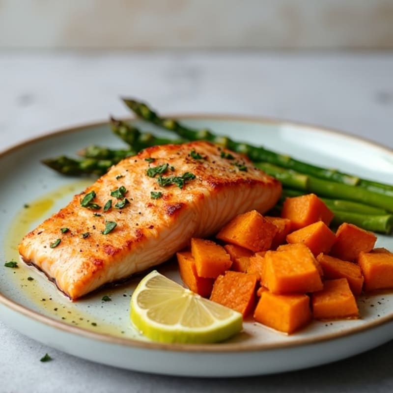 Seared Salmon Fillet with Roasted Sweet Potatoes and Asparagus
