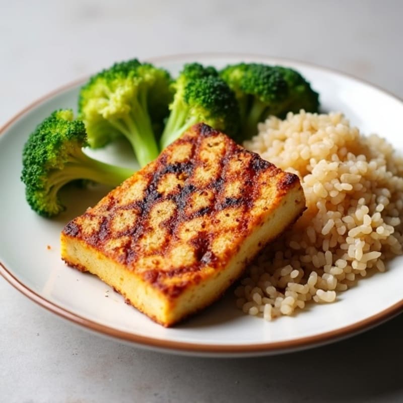 Grilled Extra Firm Tofu with Brown Rice and Steamed Broccoli