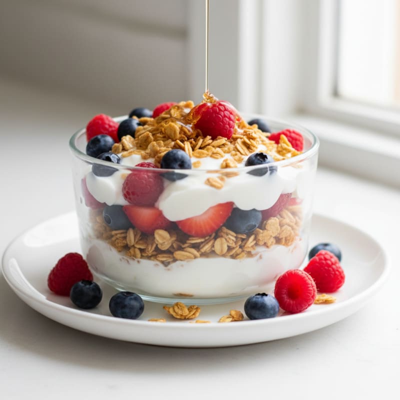 Creamy Greek Yogurt Parfait with Mixed Berries and Crunchy Almond Granola