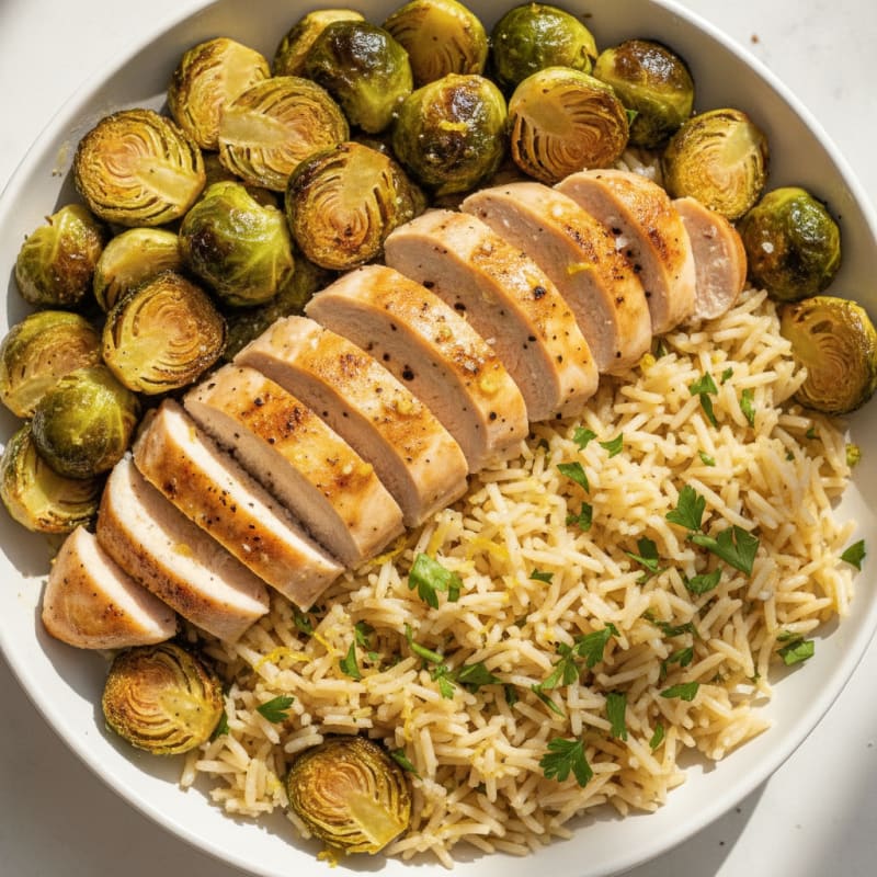 Roasted Brussels Sprouts with Lemon Rice and Chicken