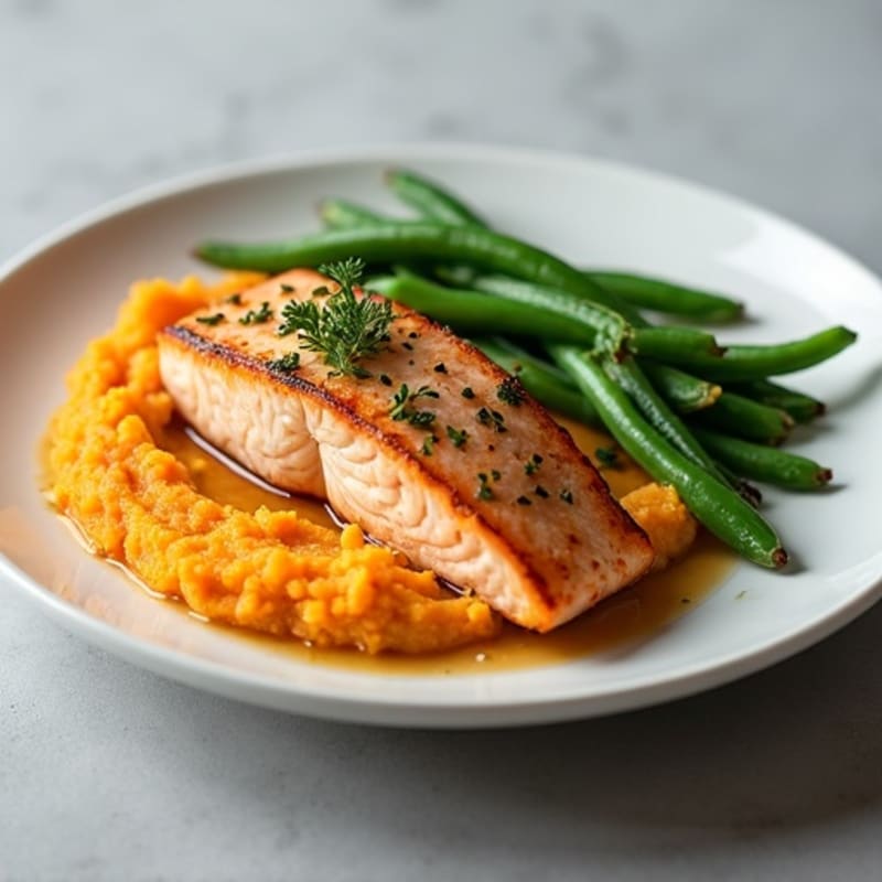 Seared Salmon with Garlic Green Beans and Sweet Potato Mash