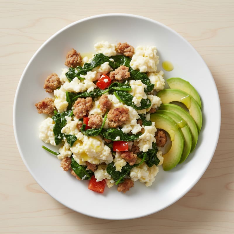 Egg White Scramble with Turkey Sausage and Sautéed Spinach