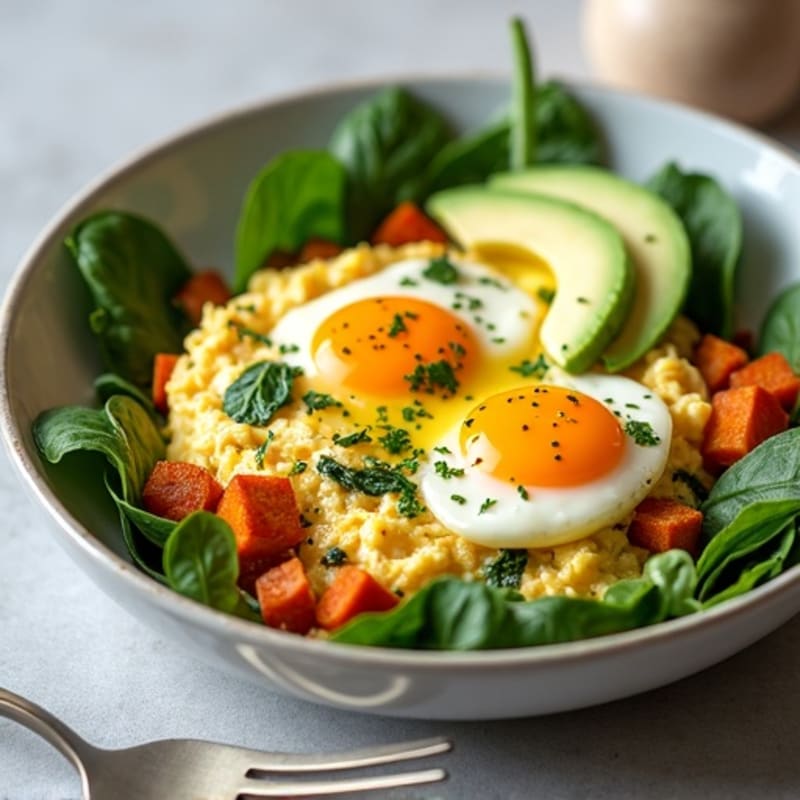 Cottage Cheese Scramble with Spinach and Roasted Sweet Potato