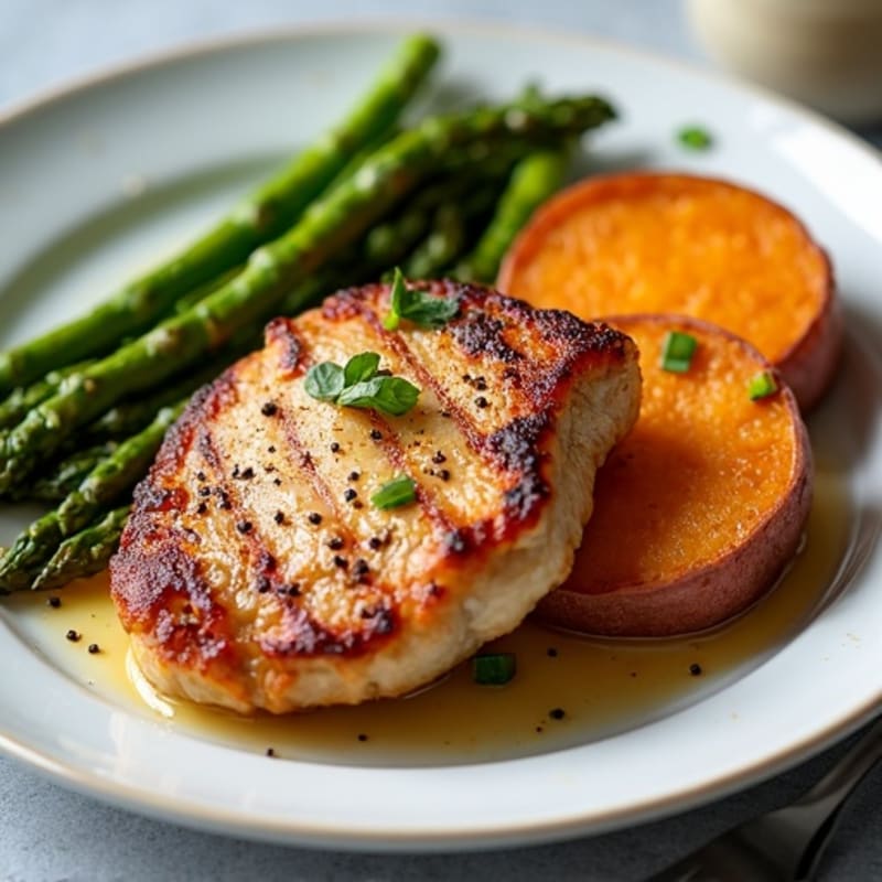 Pan-Seared Pork Chops with Roasted Asparagus and Sweet Potato