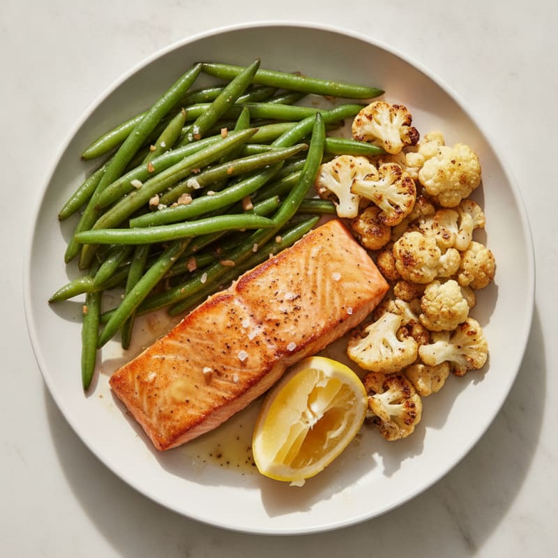 Seared Salmon with Garlic Green Beans and Roasted Cauliflower
