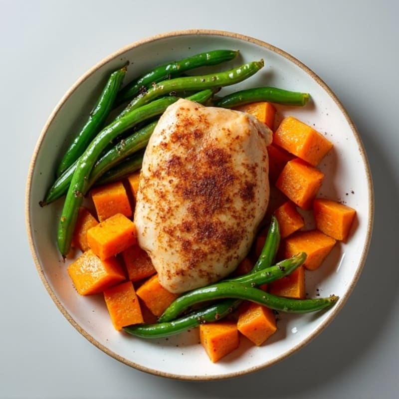 Cinnamon-Spiced Roasted Chicken with Roasted Sweet Potatoes and Green Beans