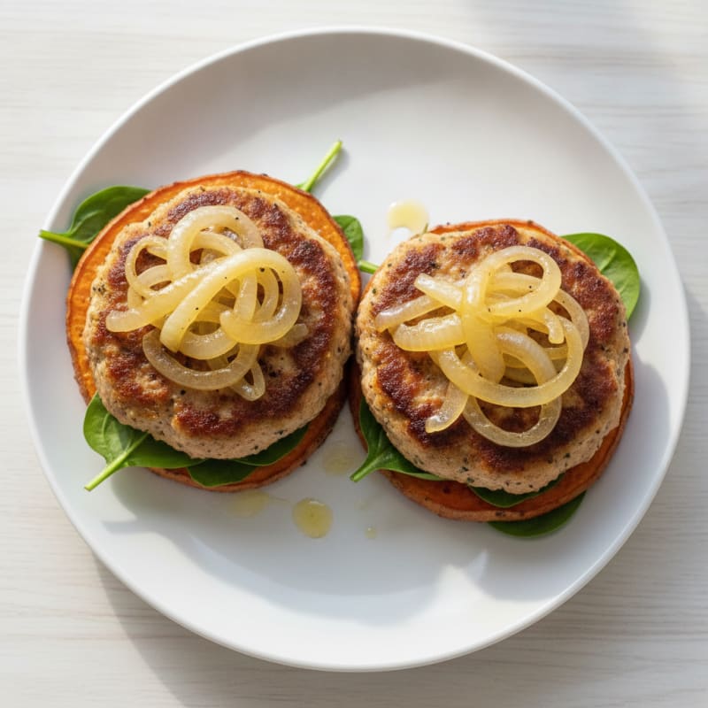 Sweet Potato Turkey Burgers with Caramelized Onions