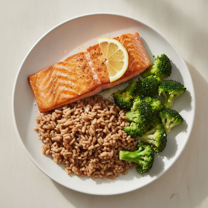 Seared Salmon with Steamed Broccoli and Brown Rice