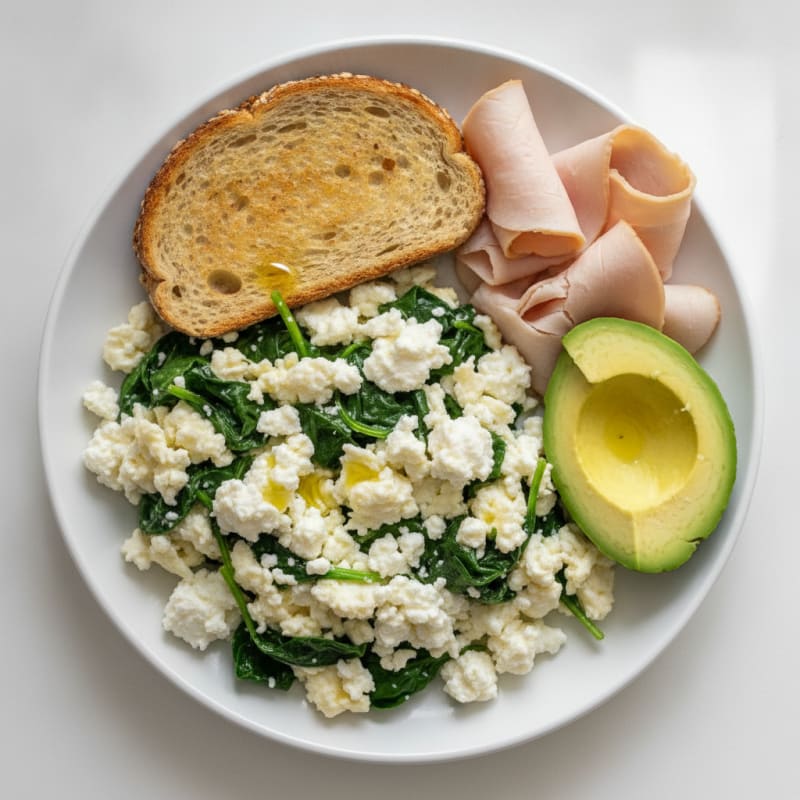 Egg White and Spinach Scramble with Cottage Cheese and Sliced Turkey