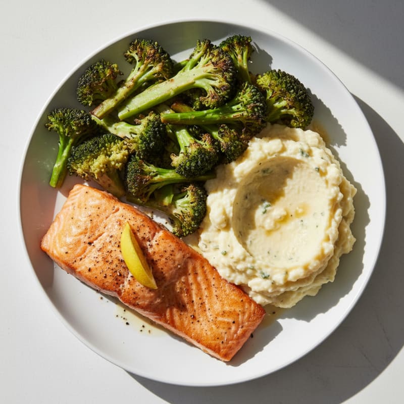 Seared Salmon Fillet with Roasted Broccoli and Garlic Mashed Cauliflower