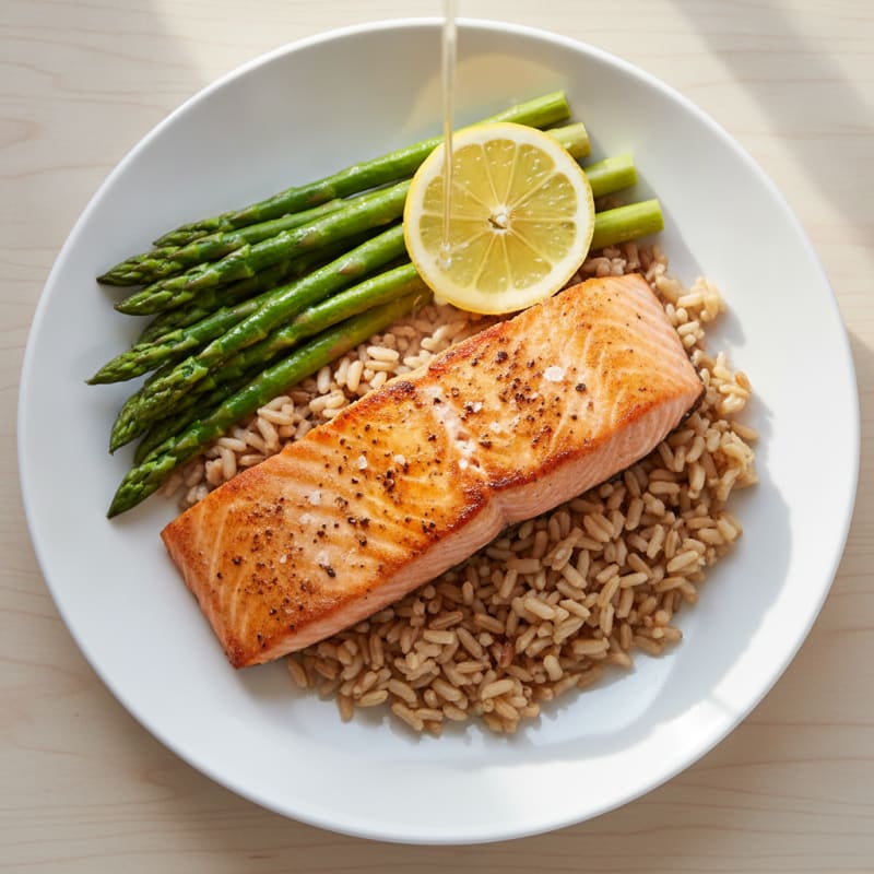 Seared Salmon Fillet with Steamed Asparagus and Brown Rice