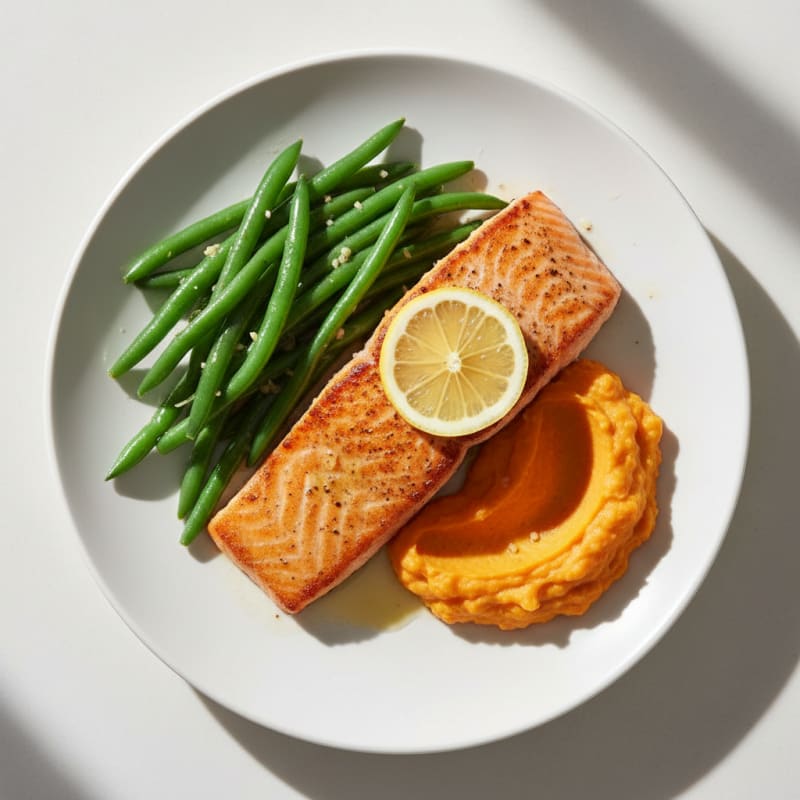 Seared Salmon with Garlic Green Beans and Sweet Potato Mash