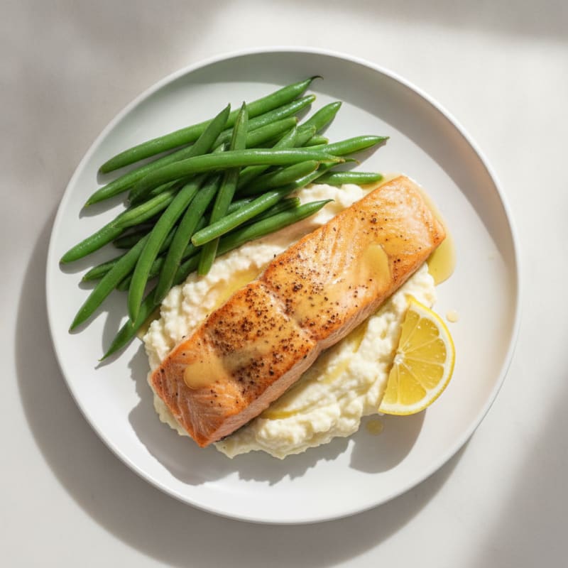 Seared Salmon with Steamed Green Beans and Garlic Mashed Cauliflower