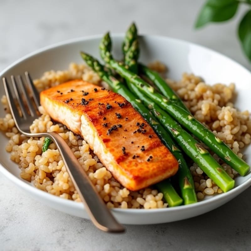 Seared Salmon Fillet with Steamed Asparagus and Brown Rice