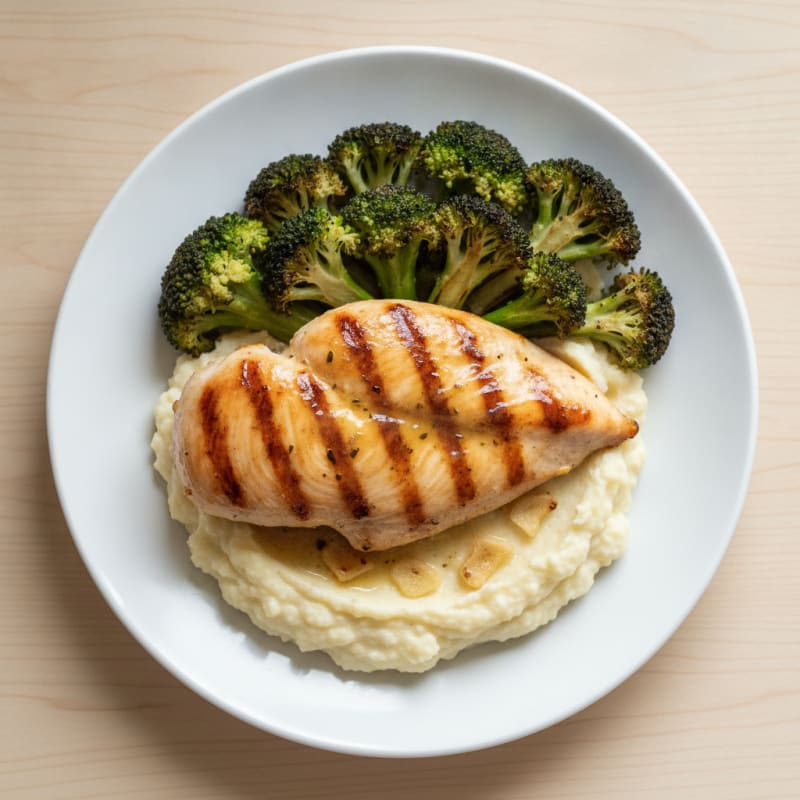 Grilled Chicken Breast with Roasted Broccoli and Cauliflower Mash