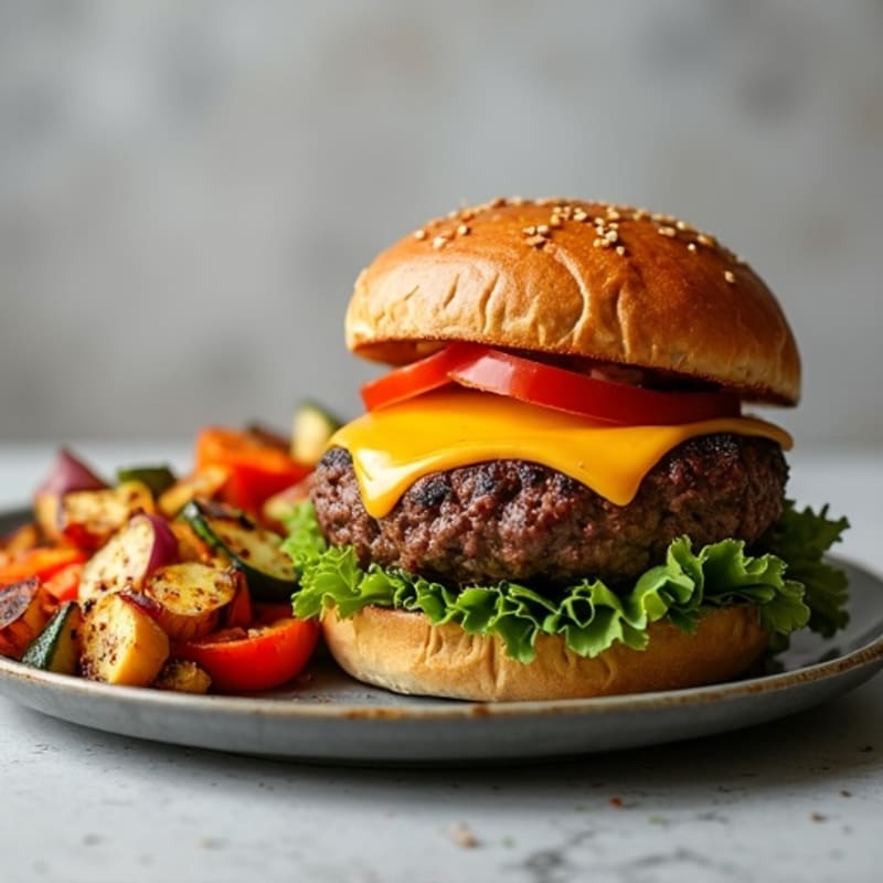 Juicy Lean Grilled Beef Burger with Crispy Roasted Vegetables
