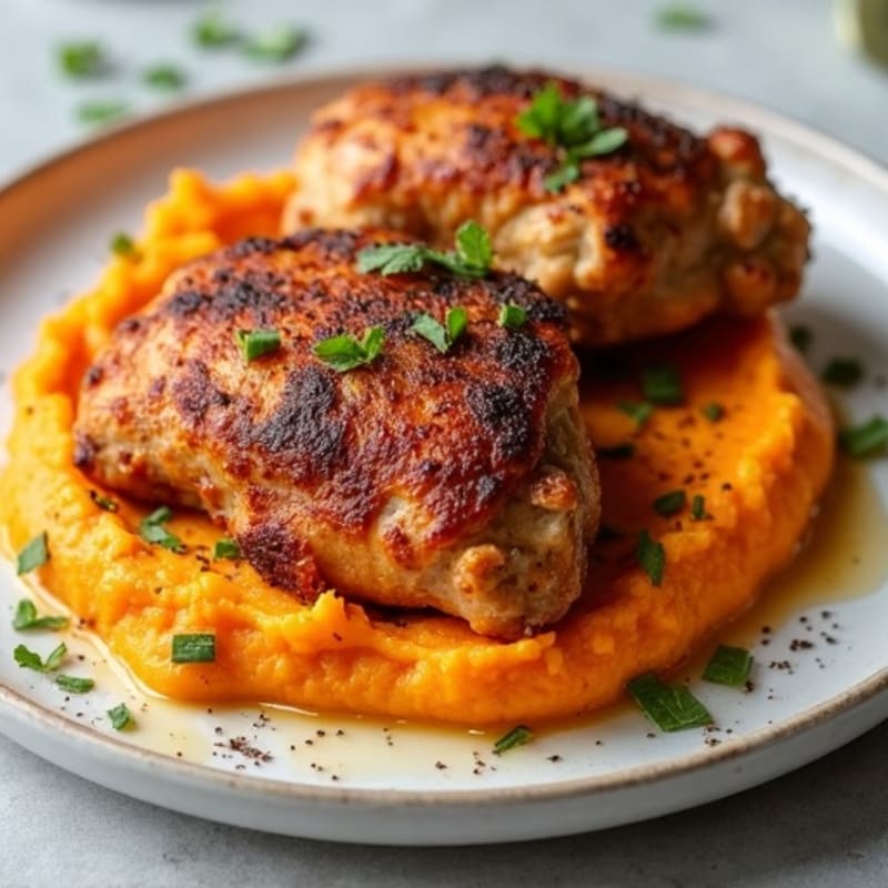 Crispy Baked Chicken Thighs with Creamy Sweet Potato Mash