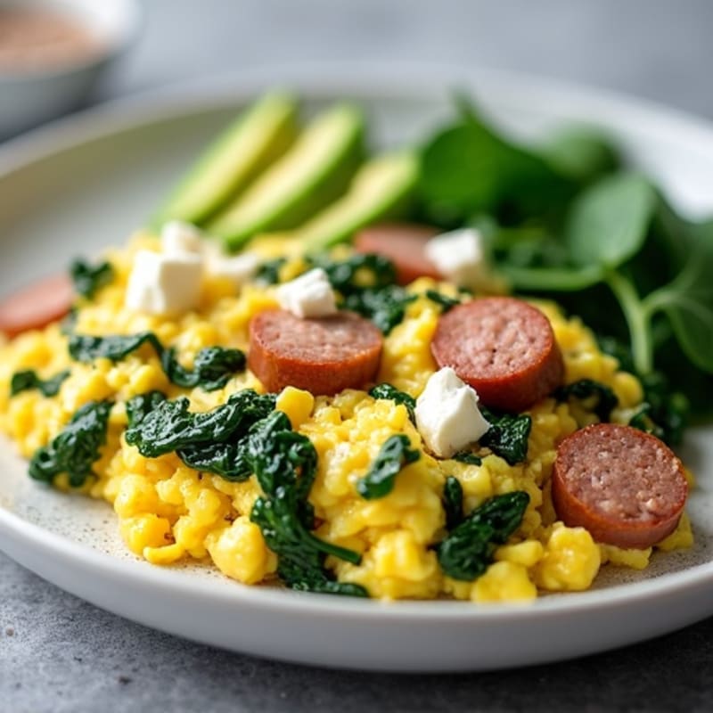 Egg White and Turkey Sausage Scramble with Sautéed Spinach