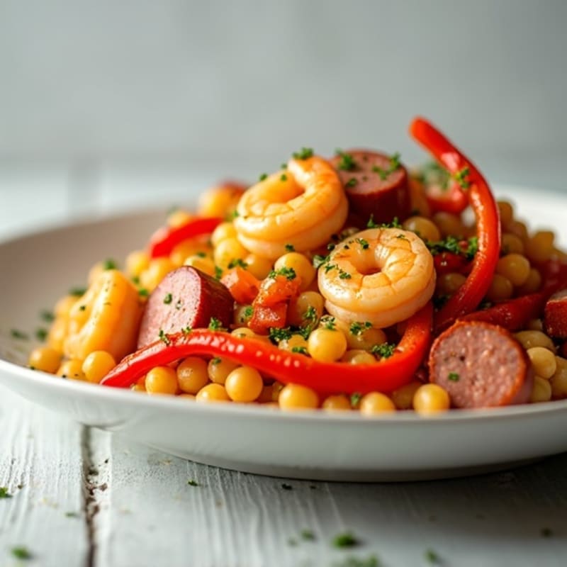 Kielbasa and Shrimp Chickpea Pasta with Sautéed Bell Peppers
