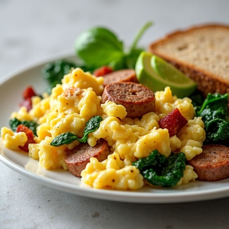 Egg White Scramble with Turkey Sausage and Sautéed Spinach