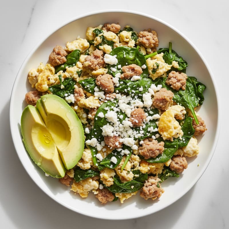 Egg White and Turkey Sausage Scramble with Spinach and Feta