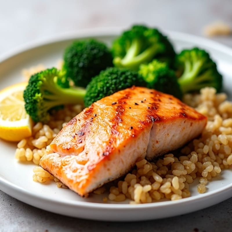 Seared Salmon with Steamed Broccoli and Lemon-Garlic Brown Rice