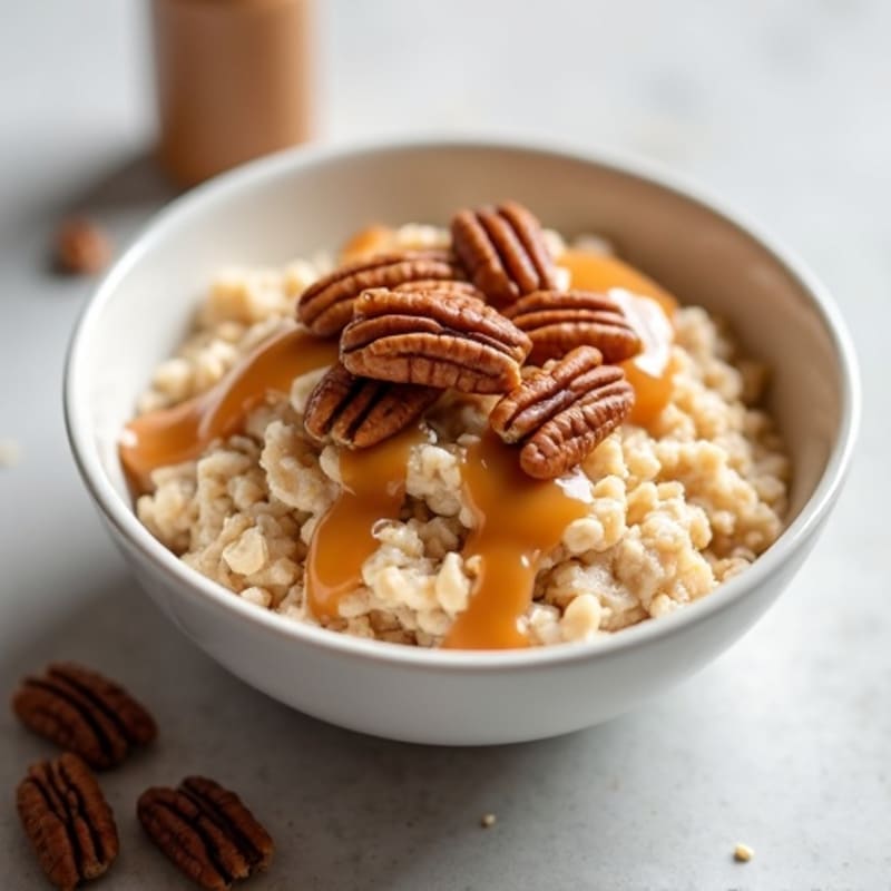 Creamy Salted Caramel Protein Oats with Toasted Pecans